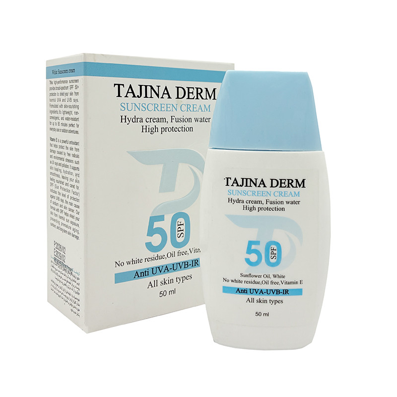 کرم ضد آفتاب بی‌رنگ تاجینادرم SPF 50 مدل All skin مناسب برای انواع پوست محافظ UVA/UVB حجم 50 میلی‌لیتر