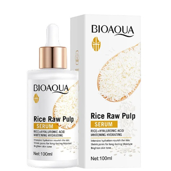 سرم مرطوبکننده و روشنکننده بایو آکوا مدل Rice Raw Pulp Hyaluronic Acid مناسب برای انواع پوست حجم 100 میلیلیتر