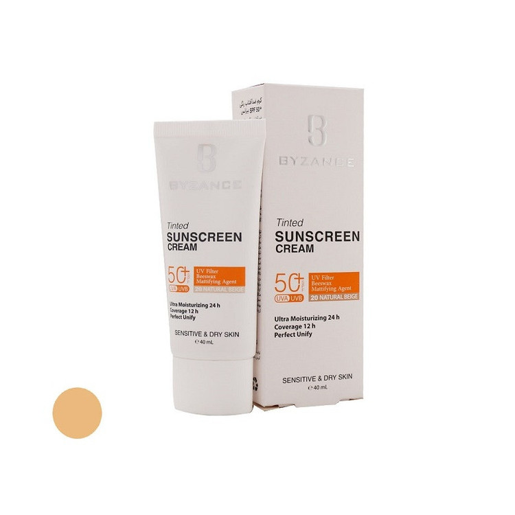 کرم ضد آفتاب رنگی صورت بیزانس SPF 50 مدل Natural Beight 20 محافظ در برابر UVA/UVB مناسب برای پوست خشک و حساس حجم 40 میلیلیتر