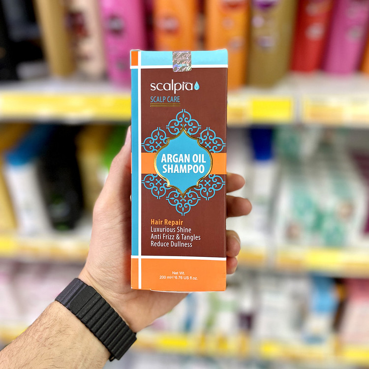 شامپو موی سر اسکالپیا مدل argan oil حجم 200 میلیلیتر، ترمیمکننده، تقویتکننده، مغذی، جلوگیری از وز شدن مو، مناسب انواع مو به ویژه خشک، آسیب دیده و رنگ شده