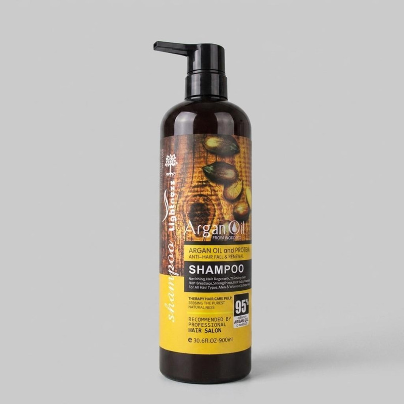 شامپو تقویتکننده و ضد ریزش مو لایتنس مدل Argan Oil حجم 900 میلیلیتر، حاوی روغن آرگان و پروتئین، مناسب انواع مو، نرمکننده، حجمدهنده، فاقد سولفات و پارابن