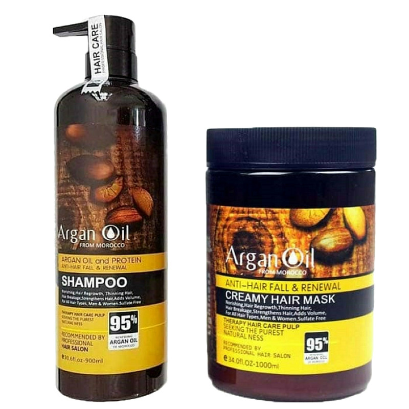 شامپو تقویتکننده و ترمیمکننده مو لایتنس مدل argan حجم 900 میلیلیتر به همراه ماسک مو لایتنس مدل argan oil حجم 1000 میلیلیتر، حاوی روغن آرگان طبیعی، فاقد سولفات، مناسب موهای آسیب دیده و رنگ شده