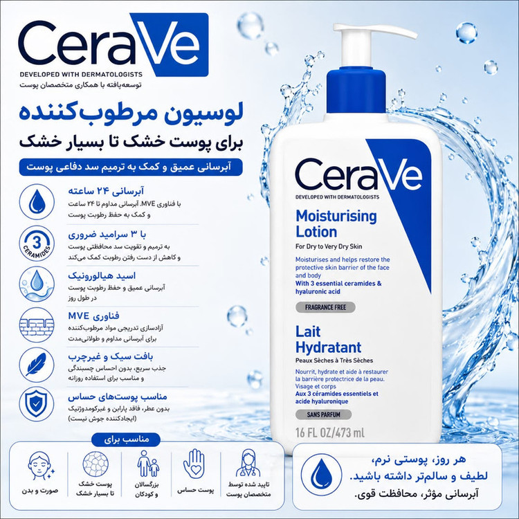لوسیون آبرسان پوست سراوی مدل LAIT Hydratant حجم 473 میلیلیتر، مناسب پوست خشک و نرمال، مرطوبکننده و ضدخشکی، حاوی ویتامینهای تقویتی