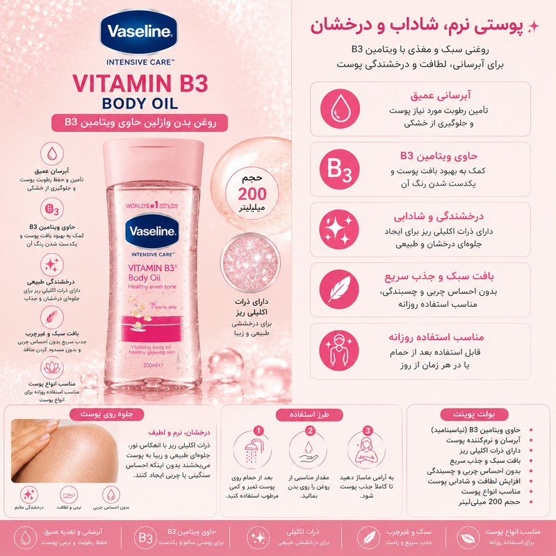 روغن بدن وازلین مدل Intensive Care با ویتامین B3، مرطوبکننده، ضدخشکی، با جلوه درخشان، حجم 200 میلیلیتر، مناسب انواع پوست