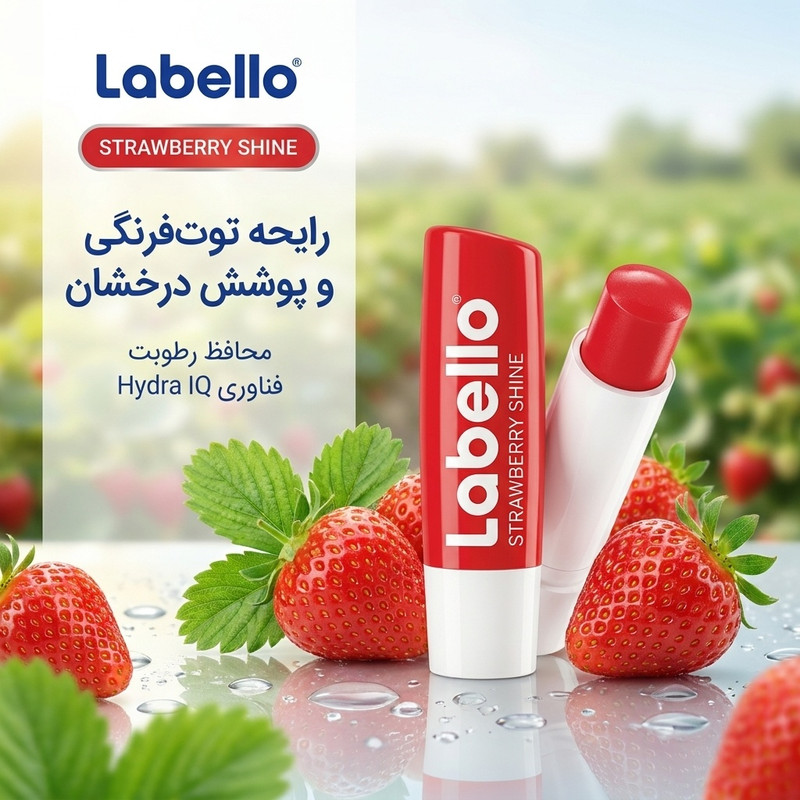 بالم لب لابلو مدل Strawberry Shine با رایحه توتفرنگی، پوشش درخشان، محافظ رطوبت، نرمکننده و فناوری Hydra IQ برای جلوگیری از خشکی و ترک لب