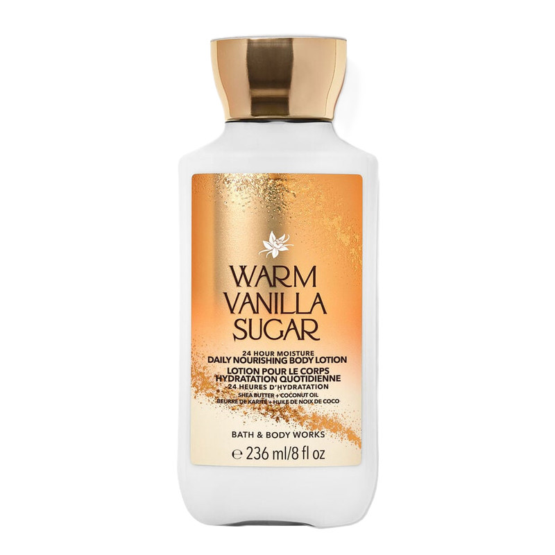 لوسیون بدن بس اند بادی ورکز مدل warm vanilla sugar حجم 236 میلی‌لیتر، حاوی شی باتر و جوجوبا برای آبرسانی و نرمی پوست، ویتامین E، با جذب سریع، رطوبت‌رسانی 24 ساعته، فاقد پارابن و رنگ مصنوعی