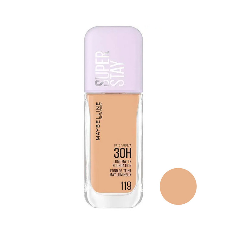 کرم پودر مایع میبلین مدل Super Stay 30H Lumi-Matte شماره 119 حجم 30 میلیلیتر با کاور متوسط و ماندگاری بالا