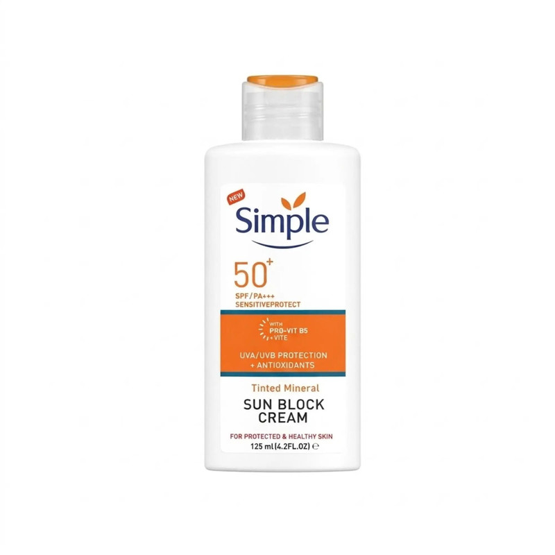 کرم ضدآفتاب بدون رنگ صورت و گردن سیمپل SPF 50 و PA+++ مدل Tinted Mineral محافظ در برابر اشعه های UVB و UVA مناسب برای پوست های حساس حجم 125 میلی لیتر