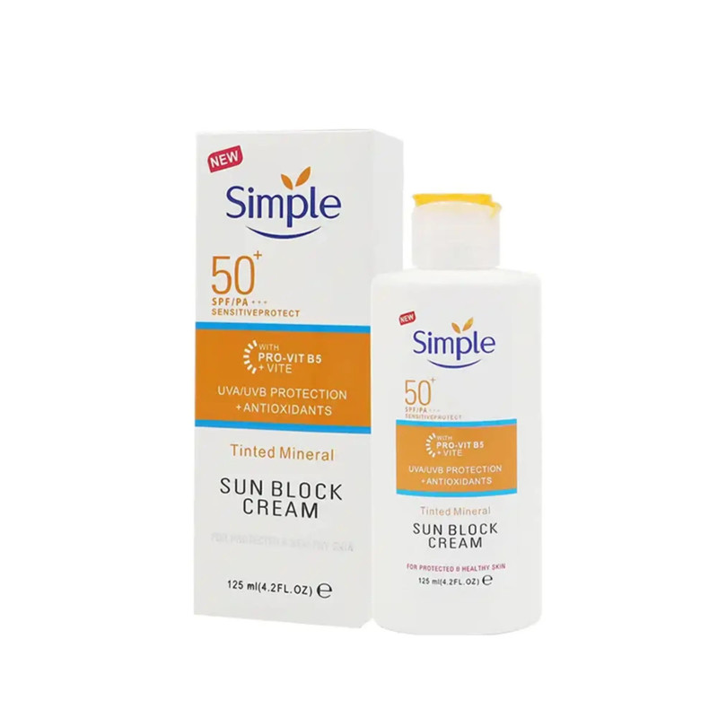 کرم ضدآفتاب بدون رنگ صورت و گردن سیمپل SPF 50 و PA+++ مدل Tinted Mineral محافظ در برابر اشعه های UVB و UVA مناسب برای پوست های حساس حجم 125 میلی لیتر